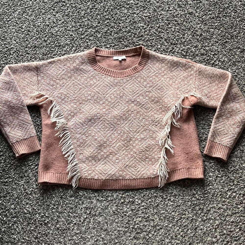 Madewell Fringe Textured Diamond Knit Sweater Rose Pink Cream XL Crew Neck